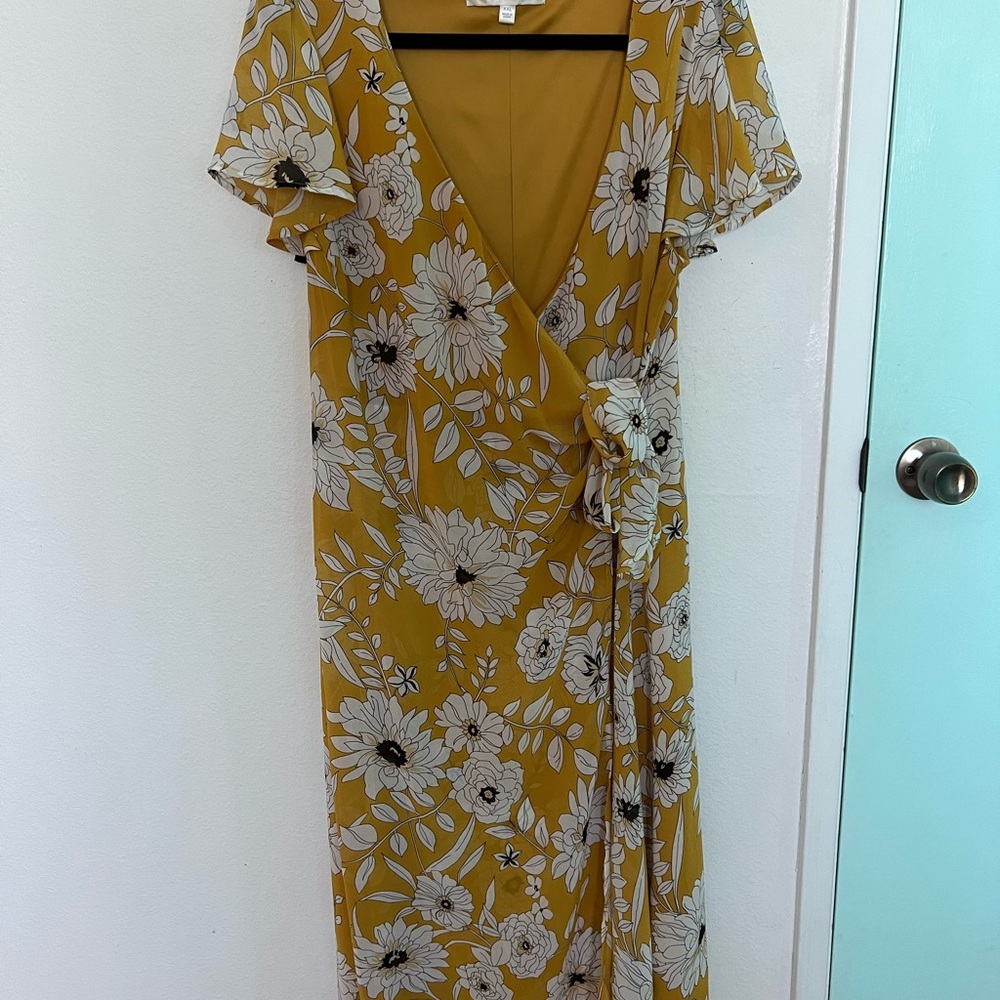 Floral Wrap Dress in Mustard Yellow